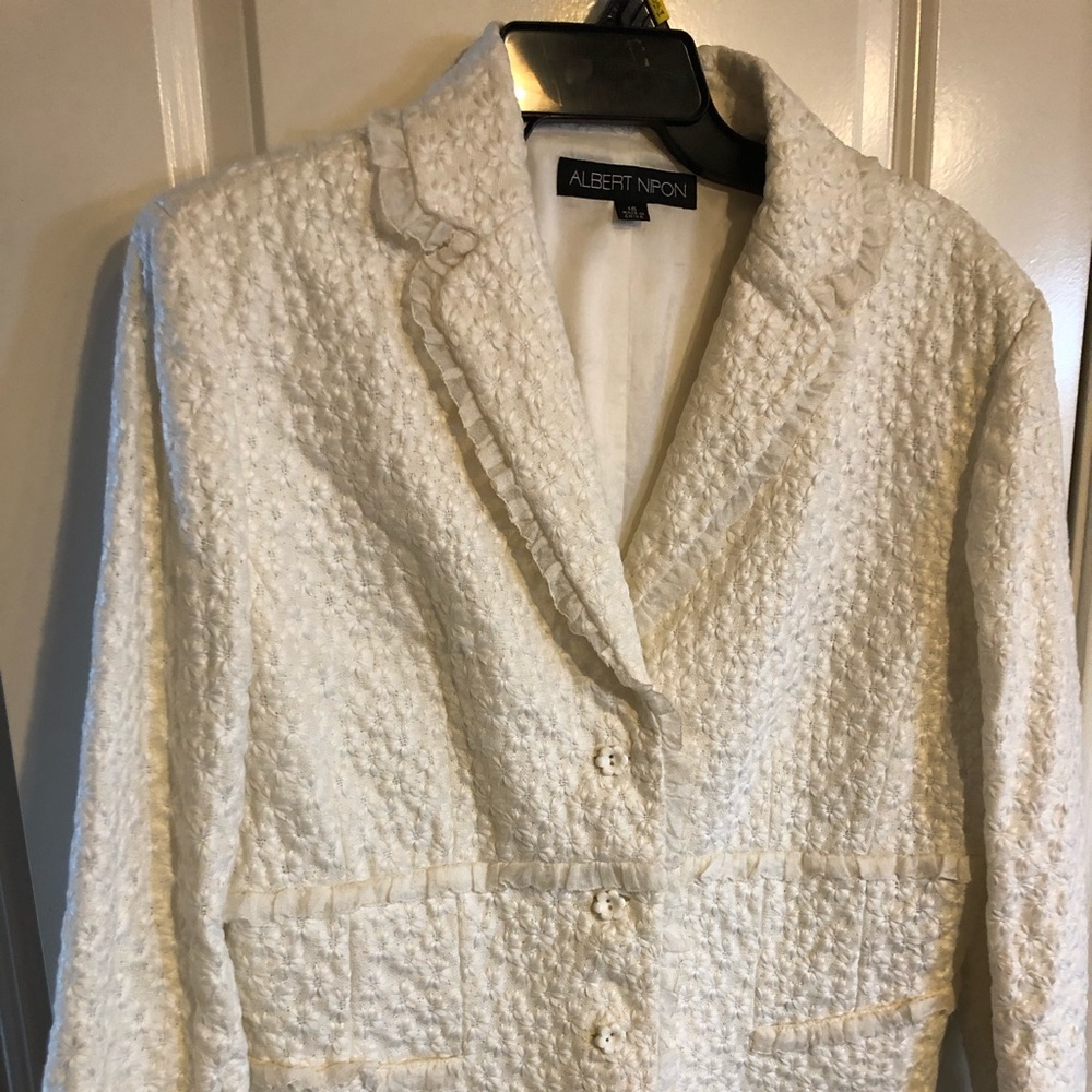 Albert Nipon off white embroidered floral  suit